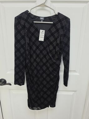 INC International Concepts Black and Gray Wrap-Style Velvet Long Sleeve Dress